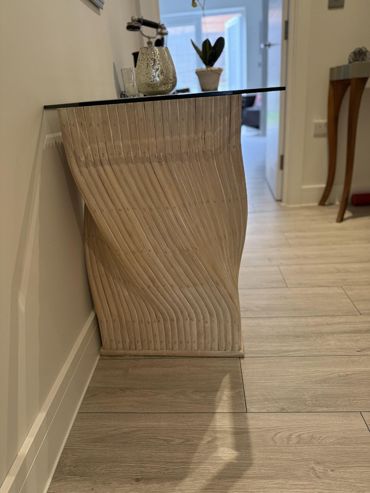 McGuire Vintage Bamboo Console Table Pedestals with glass top 3a.jpg