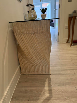 McGuire Vintage Bamboo Console Table Pedestals with glass top 3a.jpg