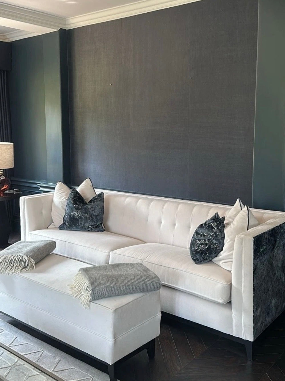 Pair of bespoke Alexander sofas by Covercraft Upholstery and matching Footstool