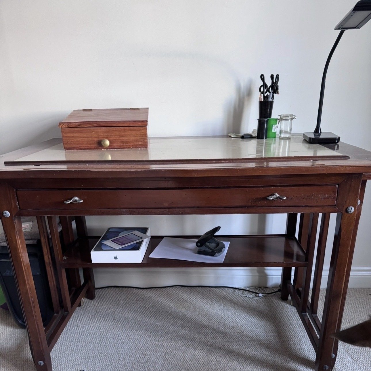 Roche Bobois Designer Wooden Writing Desk Extendable Office Table With Leather Top and Swivel Office Chair