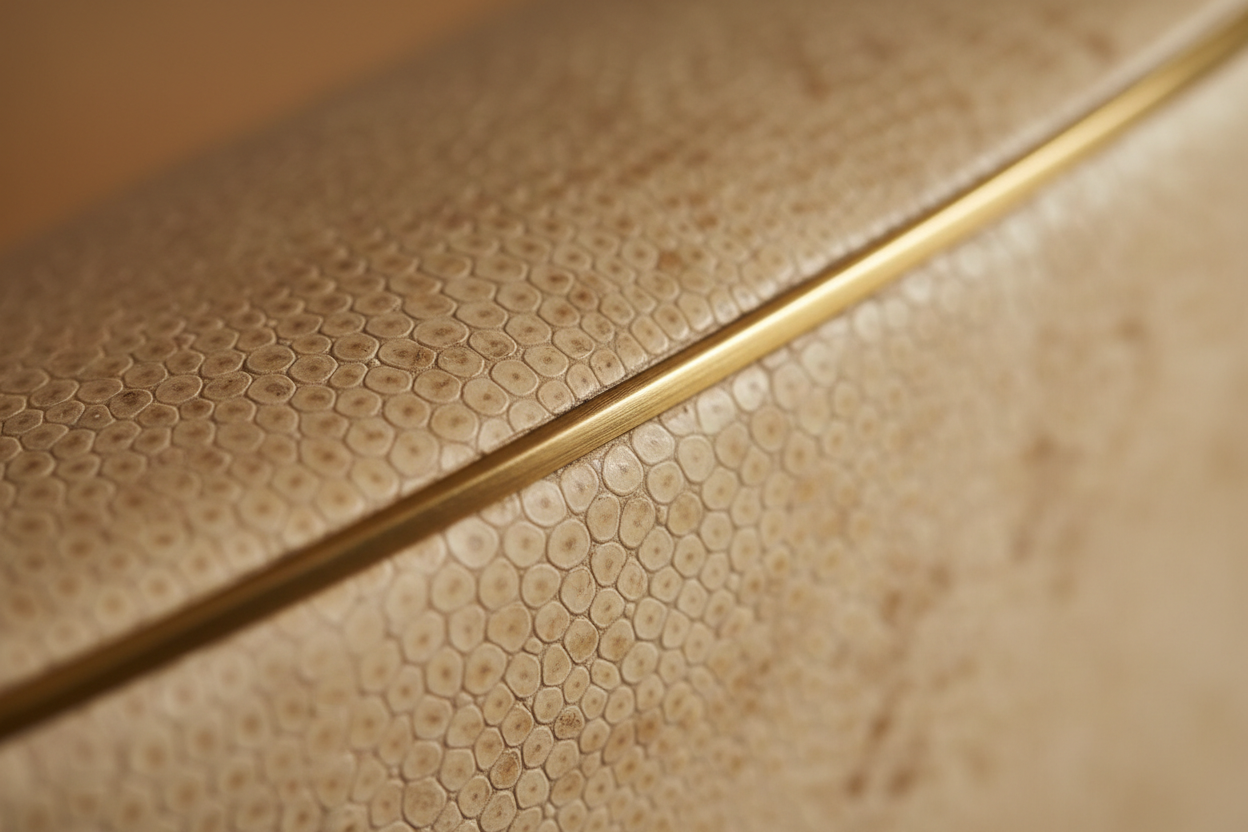 An ultra-high-resolution close-up of a luxury furniture surface featuring natural shagreen (snakeskin) leather with a subtle, organic grain, intersected by a hand-inlaid brushed brass line. The composition focuses on a gently curved edge of the furniture, revealing the contrast between the matte, tactile shagreen and the softly patinated brass. Lighting is soft and directional, creating delicate highlights without glare, emphasising texture and craftsmanship. Shot at macro scale with shallow depth of field,