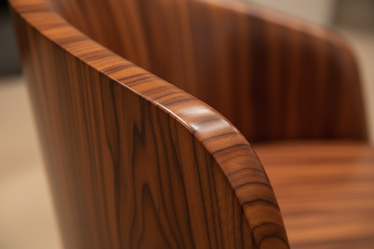 An ultra-realistic macro close-up of polished Santos rosewood veneer on a luxury furniture piece, showcasing rich reddish-brown tones, dramatic natural grain, and mirror-smooth finish. The shot captures an organic, flowing curved form, with light grazing across the surface to reveal depth and craftsmanship rather than reflection. Subtle edge fall-off, shallow depth of field, warm neutral lighting, editorial interior photography aesthetic, no people, no artificial styling, photographed to feel authentic, cal