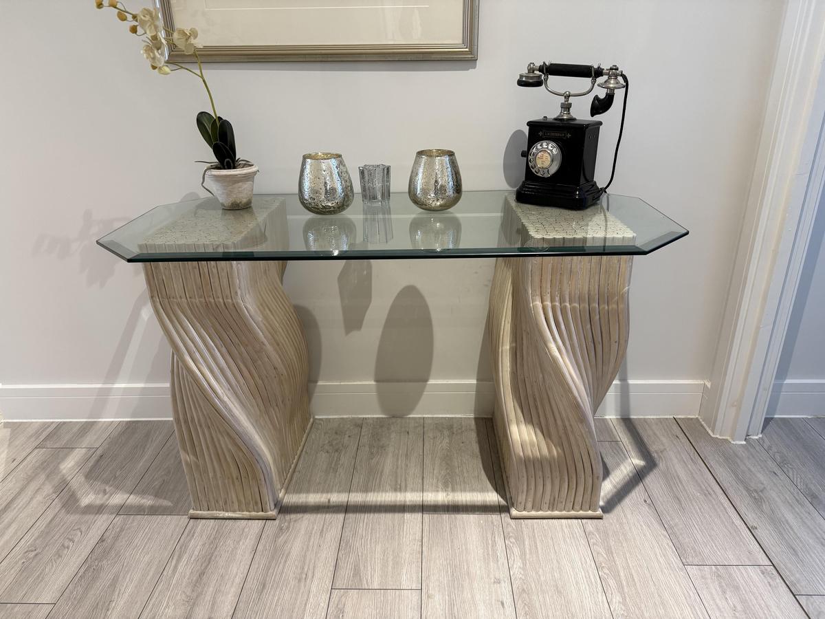 McGuire Vintage Bamboo Console Table Pedestals with glass top 1 a.jpg