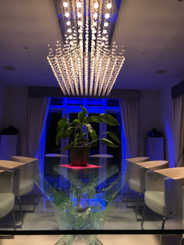 Christopher Wray Glass Dining Table, 12 Gildea Dining Chairs and Crystal Pyramid Chandelier