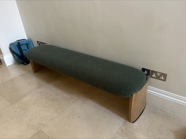 Pierre Yovanovitch - Lizard green upholstered bench with gouged oak legs